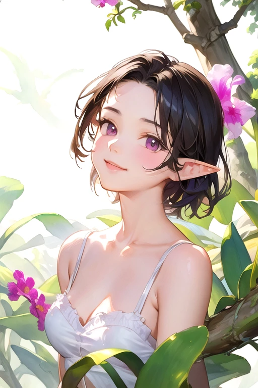 ((Cattleya, Three Flowers, close, whole body, ))、(Elf sitting on a tree branch、short hair、A kind smile、Small breasts)、Soft Focus、((Sargent-style watercolor))、((White Background))、(No background)、Blur the background、(Highest quality、High resolution、masterpiece)、4k anime art、
