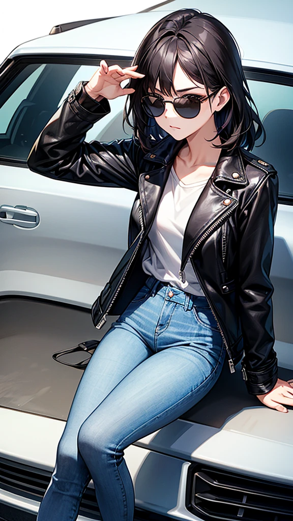 A cool woman in a leather jacket and jeans、Wearing sunglasses and leaning against a new car、Watching a small portable TV。
