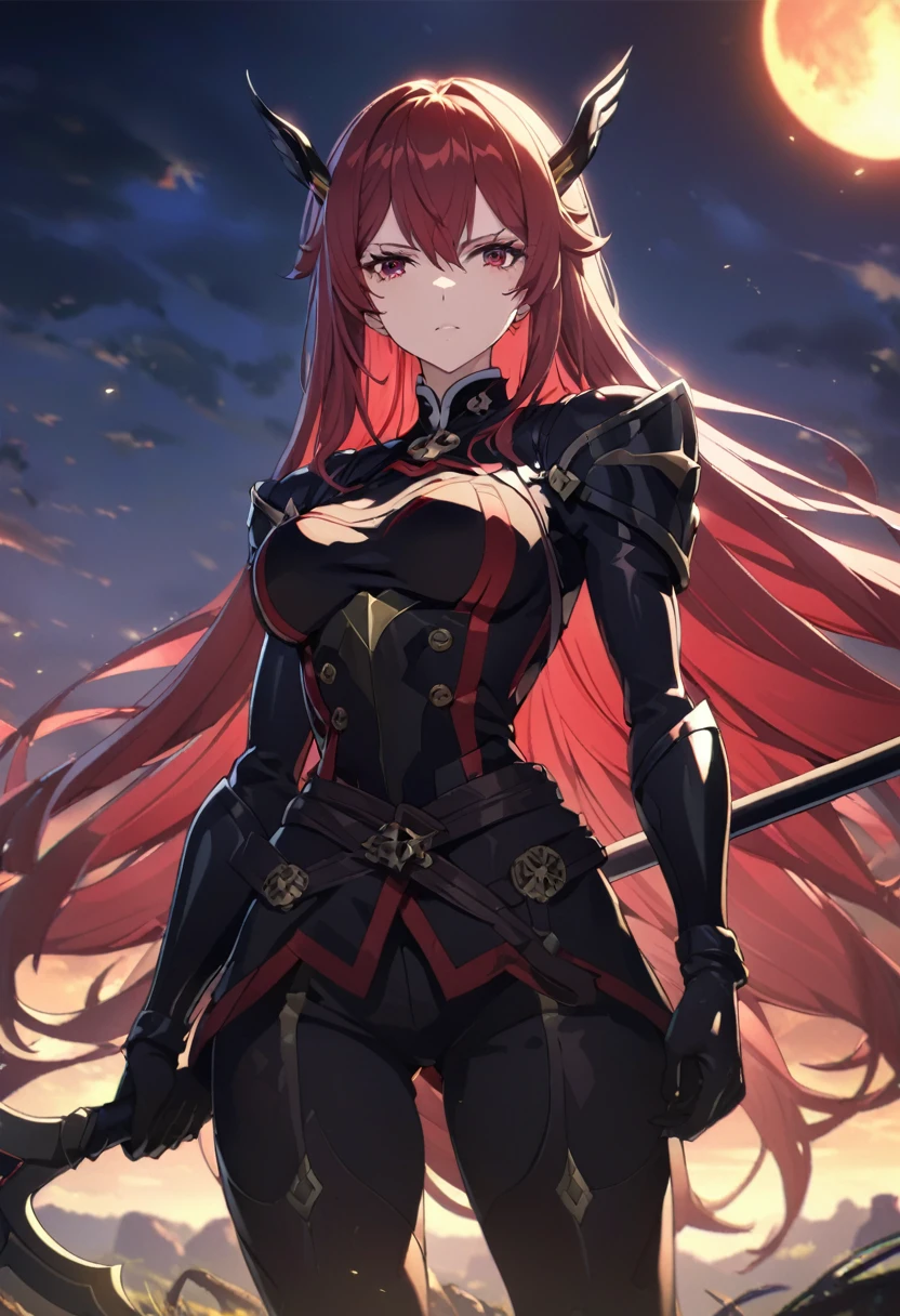 ((alone)), (Women), cherry red eyes, raven black hair, very long and messy hair., Vibrant Red Underhair.., (sculpted body), medium-large breasts, Thick, mature body, a closeup of a person with a scythe in a desolate land, Detailed anime key art, acheron, casimir art, Masamune Shiro, masamune, beautiful Women in demon slayer art, genshin, Heise Jinyao, shadowverse style, (no logos), eclipse, black powers, twilight landscape, Detailed clothing, eye reflection, depth of field, cinematic lighting, ray tracing, depth of field, cinematic lighting, ray tracing, UHD, High details, Best Quality, high resolution, high quality, Award-winning, super detail, Masterpiece, 8k, UHD, High details, Best Quality, high resolution, high quality, Award-winning, super detail, Masterpiece, 8k
