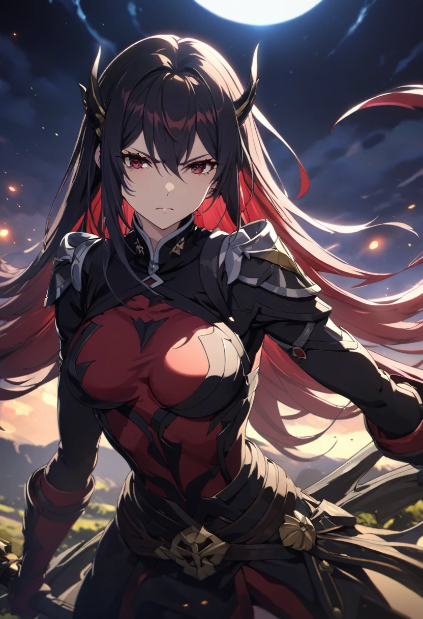 ((alone)), (Women), cherry red eyes, raven black hair, very long and messy hair., Vibrant Red Underhair.., (sculpted body), medium-large breasts, Thick, mature body, a closeup of a person with a scythe in a desolate land, Detailed anime key art, acheron, casimir art, Masamune Shiro, masamune, beautiful Women in demon slayer art, genshin, Heise Jinyao, shadowverse style, (no logos), eclipse, black powers, twilight landscape, Detailed clothing, eye reflection, depth of field, cinematic lighting, ray tracing, depth of field, cinematic lighting, ray tracing, UHD, High details, Best Quality, high resolution, high quality, Award-winning, super detail, Masterpiece, 8k, UHD, High details, Best Quality, high resolution, high quality, Award-winning, super detail, Masterpiece, 8k
