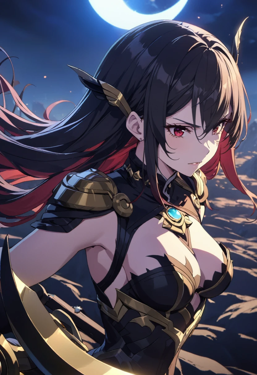 ((alone)), (Women), cherry red eyes, raven black hair, very long and messy hair., Vibrant Red Underhair.., (sculpted body), medium-large breasts, Thick, mature body, a closeup of a person with a scythe in a desolate land, Detailed anime key art, acheron, casimir art, Masamune Shiro, masamune, beautiful Women in demon slayer art, genshin, Heise Jinyao, shadowverse style, (no logos), eclipse, black powers, twilight landscape, Detailed clothing, eye reflection, depth of field, cinematic lighting, ray tracing, depth of field, cinematic lighting, ray tracing, UHD, High details, Best Quality, high resolution, high quality, Award-winning, super detail, Masterpiece, 8k, UHD, High details, Best Quality, high resolution, high quality, Award-winning, super detail, Masterpiece, 8k
