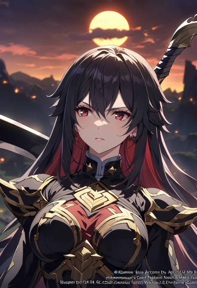 ((alone)), (Women), cherry red eyes, raven black hair, very long and messy hair., Vibrant Red Underhair.., (sculpted body), medium-large breasts, Thick, mature body, a closeup of a person with a scythe in a desolate land, Detailed anime key art, acheron, casimir art, Masamune Shiro, masamune, beautiful Women in demon slayer art, genshin, Heise Jinyao, shadowverse style, (no logos), eclipse, black powers, twilight landscape, Detailed clothing, eye reflection, depth of field, cinematic lighting, ray tracing, depth of field, cinematic lighting, ray tracing, UHD, High details, Best Quality, high resolution, high quality, Award-winning, super detail, Masterpiece, 8k, UHD, High details, Best Quality, high resolution, high quality, Award-winning, super detail, Masterpiece, 8k
