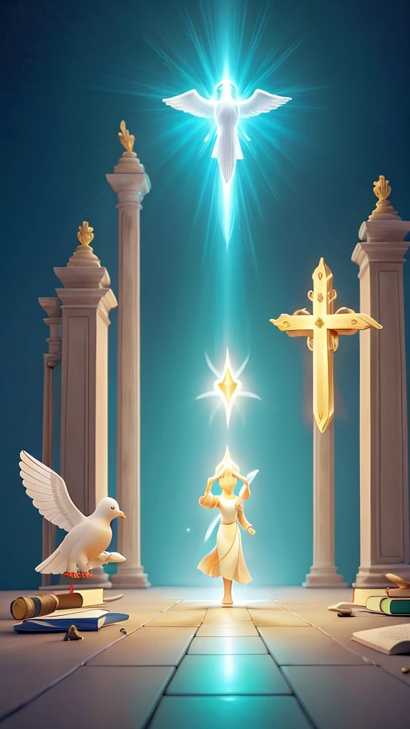 a divine hand guiding a human hand, divine intervention and guidance, a straight path with a figure walking towards a light or cross at the end, a dove representing the holy spirit guiding or illuminating the figure's path, open books or scrolls symbolizing divine teaching and wisdom, simple and clear style, soft and serene colors to highlight the spiritual theme