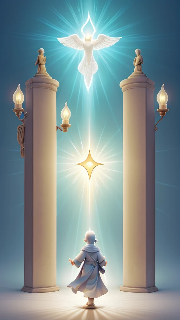 a divine hand guiding a human hand, divine intervention and guidance, a straight path with a figure walking towards a light or cross at the end, a dove representing the holy spirit guiding or illuminating the figure's path, open books or scrolls symbolizing divine teaching and wisdom, simple and clear style, soft and serene colors to highlight the spiritual theme