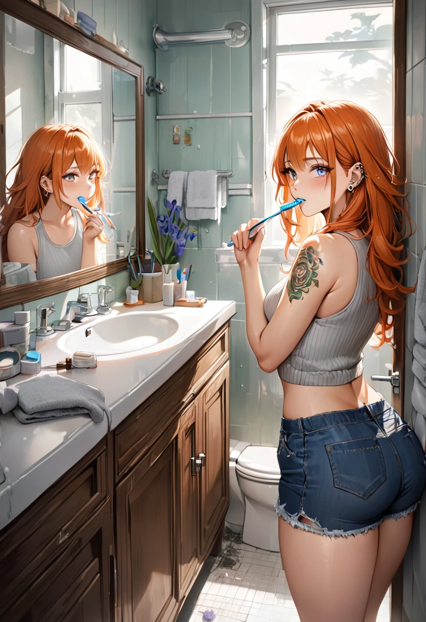 20 year old female, long orange hair, messy hair, perfect eyes, perfect silver irises, perfect pupils, thick thighs, thin ribbed tanktop, shorts, comfy clothes, many ear piercings, brushing teeth, looking back over shoulder, messy bathroom, small bathroom, highly detailed, best detail, best hands, right forearm tattoo, perfect tattoo, realistic toothbrush, normal toothbrush, perfect hands