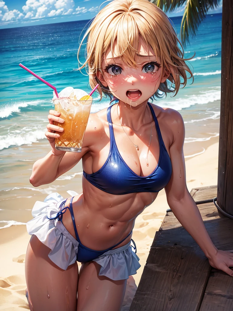 Highest quality,Highest Resolution,Ocean,Sandy Beach,Beach,A beautiful girl in a swimsuit with a crying face,sunny,Open your mouth wide and drool,Tears,Sweat profusely,Abdominal muscles,Muscular,(((Drink a drink))),High leg,