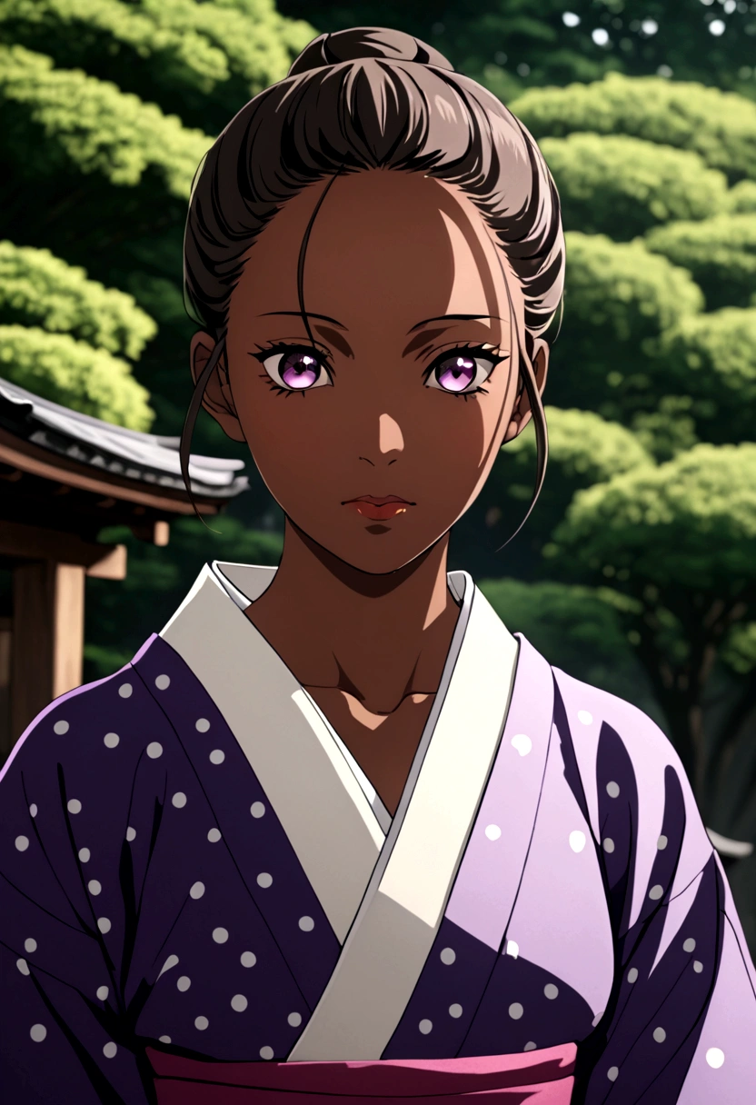 Traditional Japanese clothing, hair green, purple eyes and dark skin