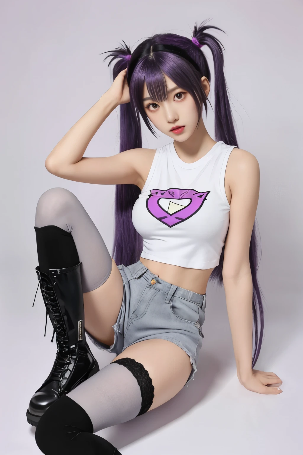 1girl, solo, long hair, breasts, looking at viewer, simple background, shirt, black hair, thighhighs, twintails, sitting, very long hair, purple eyes, full body, white shirt, purple hair, boots, shorts, sleeveless, grey background, black footwear, short shorts, cross-laced footwear, lace-up boots, pink thighhighs, pink shorts