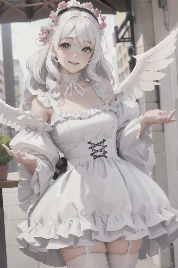 absurdres, best quality, 1girl, solo, looking at viewer, eye focus,  LucoaDM, CasualCL, chubby face,white hair,curly hair,white eyes,white ****ta dress,tiny wings,rosy cheeks,happy,smiley