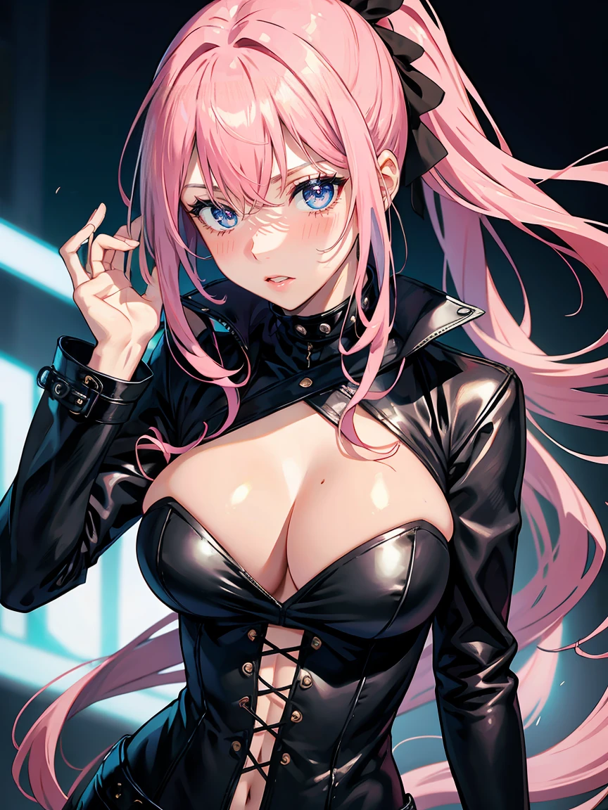 handsome WOMAN,blue-eyes,blue pupils,Long pink hair,Hyperresolution,accuracy,Detailed rendering,(Subtle facial image)(Image of fine hair)(topquality)(Masterpieces of masters)(High degree of completeness)(A sense of atmosphere)tmasterpiece,Super detailed and super detailed(half-body portrait), long wavy pink hair, (((tHICK WAVY HAIR)))(((ANKLE LENGTH HAIR)))(((Blushing)))(((Huge breasts)))(((LARGER BREASTS))) large breasts, bigger breasts (((Bigger breasts))) (((Blushing))) (((Sakimichan))) (((Pink hair))) (((black Rockstar outfit))) (((Leather black outfit))) (((Rockstar)))(((Fishnet tights)))(((cASUAL ROCK OUTFIT))) (((gRUNGE OUTFIT))) (((rOCK MAKEUP))) (((sINGING))) (((bLACK LEATHER OUTFIT))) (((bLACK EYELINER)))(((Fierce expression))) (((Focused))) (((Hair in a long ponytail))) (((Ponytail))) (((Sexy latex outfit)))(((Elf ears)))(((Spotlight)))