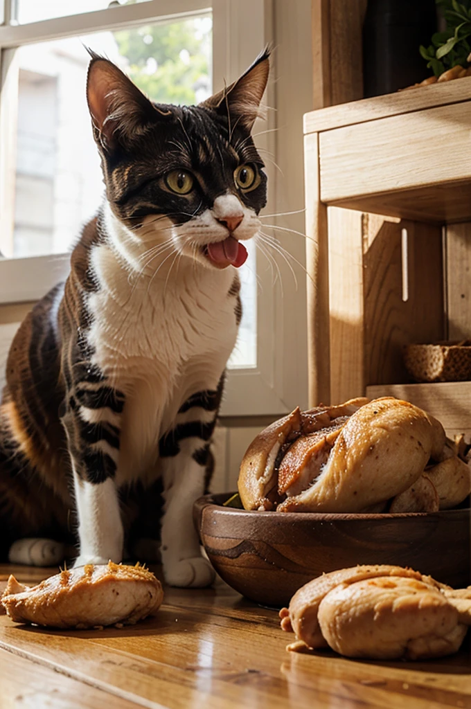 Cat eats live chicken