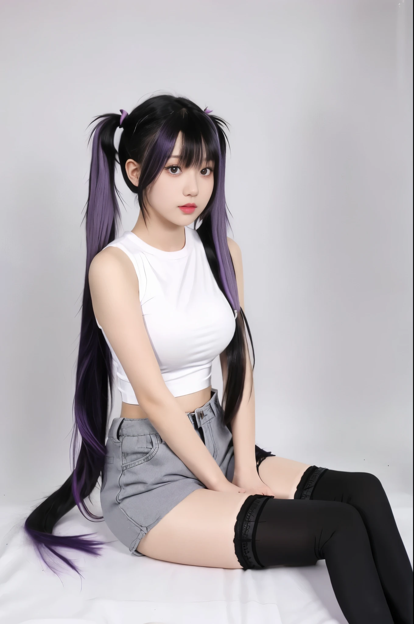 1girl, solo, long hair, breasts, looking at viewer, simple background, shirt, black hair, thighhighs, twintails, sitting, very long hair, purple eyes, full body, white shirt, purple hair, boots, shorts, sleeveless, grey background, black footwear, short shorts, cross-laced footwear, lace-up boots, pink thighhighs, pink shorts