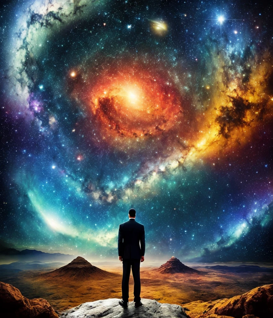 Image of a man standing on a rock looking at a galaxy, looking out into the cosmos, surreal space, staring into space, endless cosmos in the background, vast cosmos, standing in outer space, ascending universes, The universe and everything, in the cosmos, portal to another universe, universe life significance, psychonaut universe, in the universe