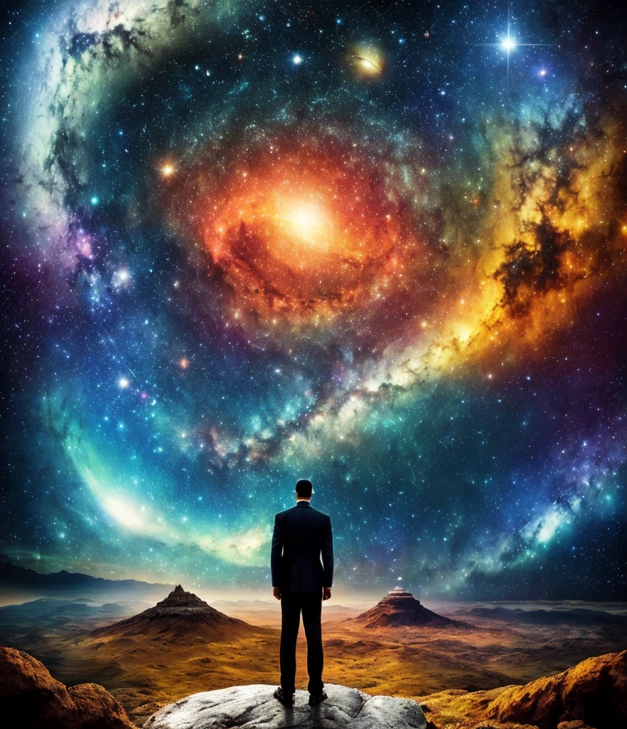 Image of a man standing on a rock looking at a galaxy, looking out into the cosmos, surreal space, staring into space, endless cosmos in the background, vast cosmos, standing in outer space, ascending universes, The universe and everything, in the cosmos, portal to another universe, universe life significance, psychonaut universe, in the universe