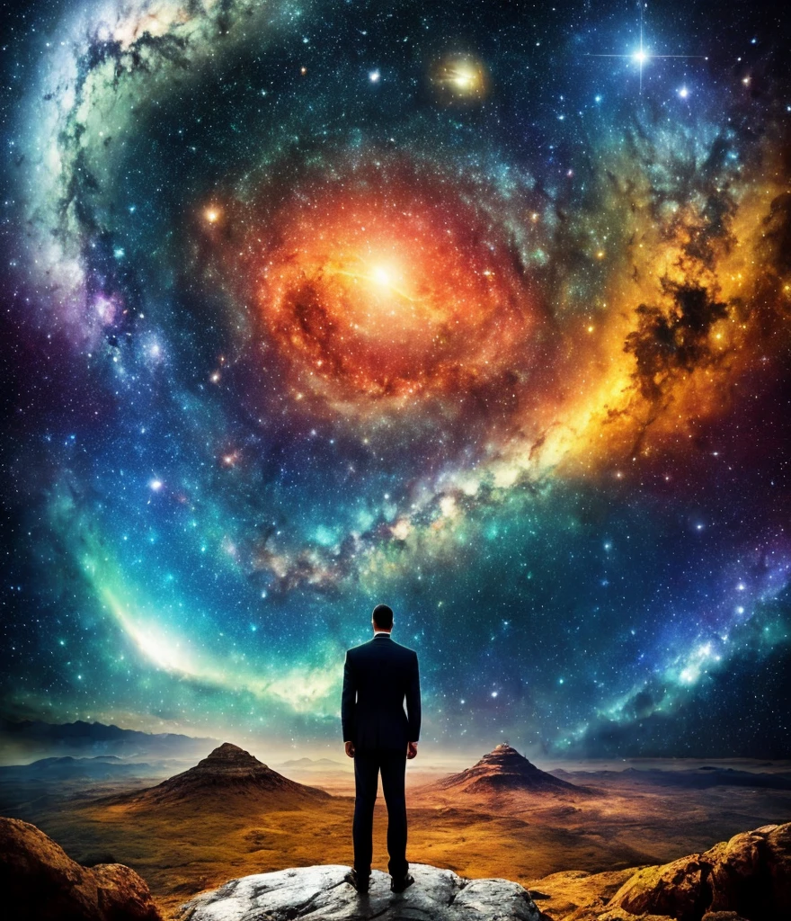Image of a man standing on a rock looking at a galaxy, looking out into the cosmos, surreal space, staring into space, endless cosmos in the background, vast cosmos, standing in outer space, ascending universes, The universe and everything, in the cosmos, portal to another universe, universe life significance, psychonaut universe, in the universe