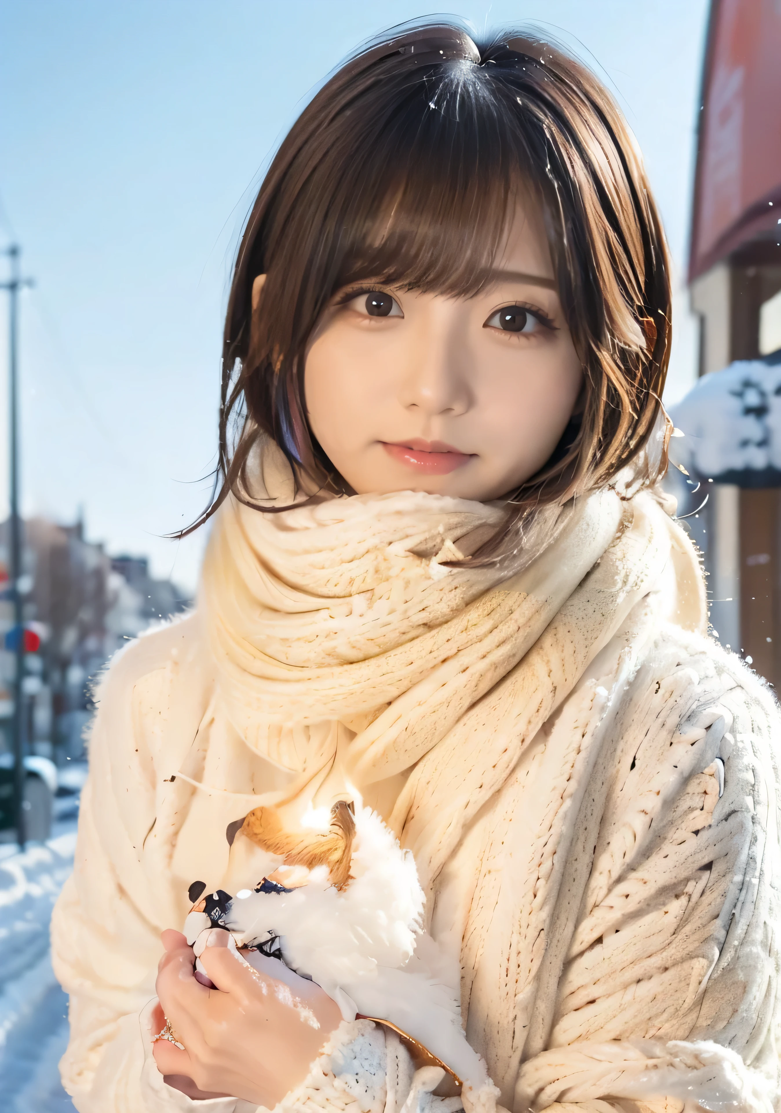 Holding a Shiba Inu、Hair blowing in the wind、Medium Short Hair、Fluffy scarf、Expressing the whiteness of one's breath、Photo from the waist up、Night city illumination shot、Cowgirl Shot、Fur coat、Luxurious grey mink fur coat、Wear fine leather boots、Luxury Bags、Inner turtleneck、Silver necklace and small silver earrings Millionaire style:1.4))、Full body photo、smile、 Caustics、Highly detailed photos、Very beautiful woman 、Ample breasts、No makeup、(8K、RAW Photos、Highest quality、masterpiece:1.2)、(Realistic、Realistic)、1 Girl、((Medium Short Hair、Midwinter、Cold region Snow falling、The wind is blowing、Fluttering Hair、Blur the background、Colorful illuminations、Looking into the camera:1.4))、