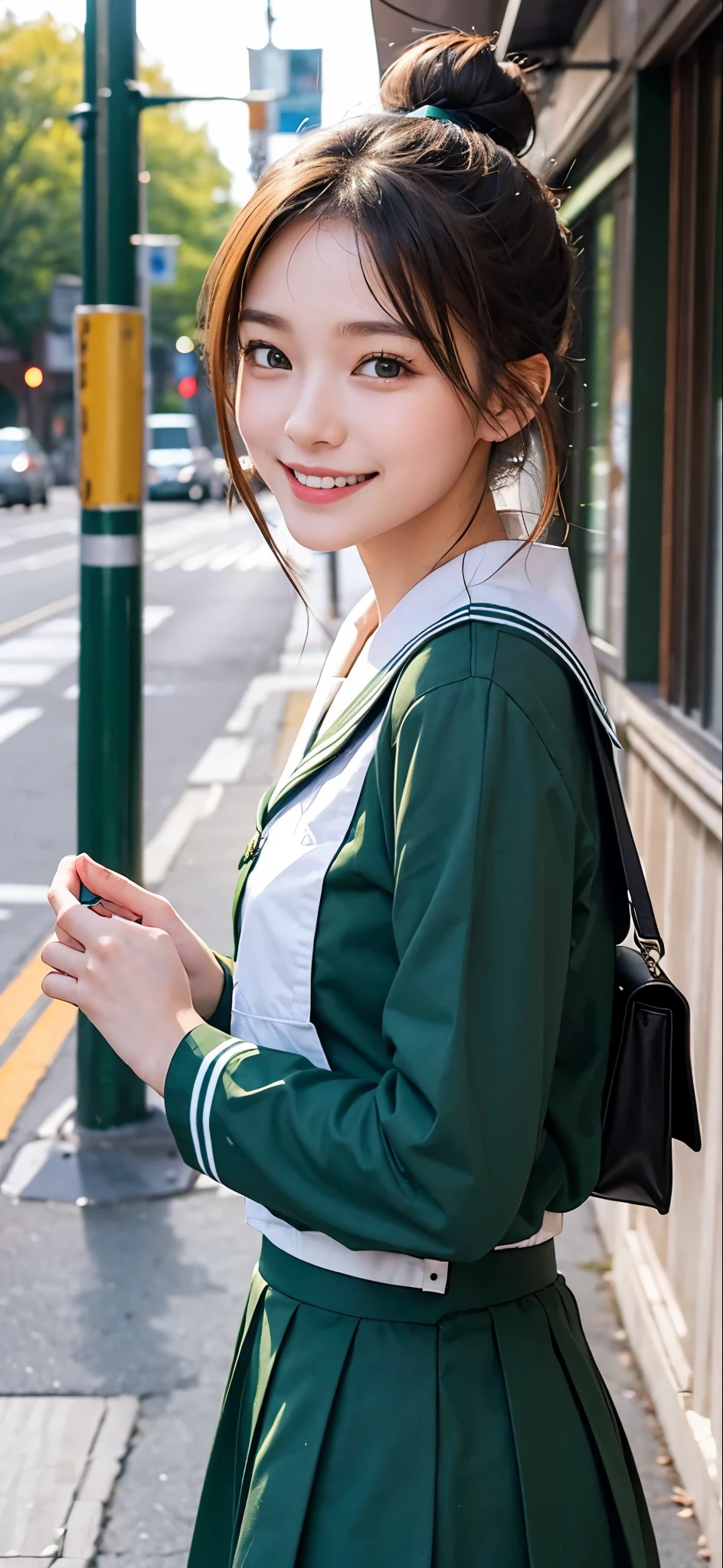 A high school girl wearing a green sailor uniform is smiling while on a date in a downtown area。Put your hair in a bun。