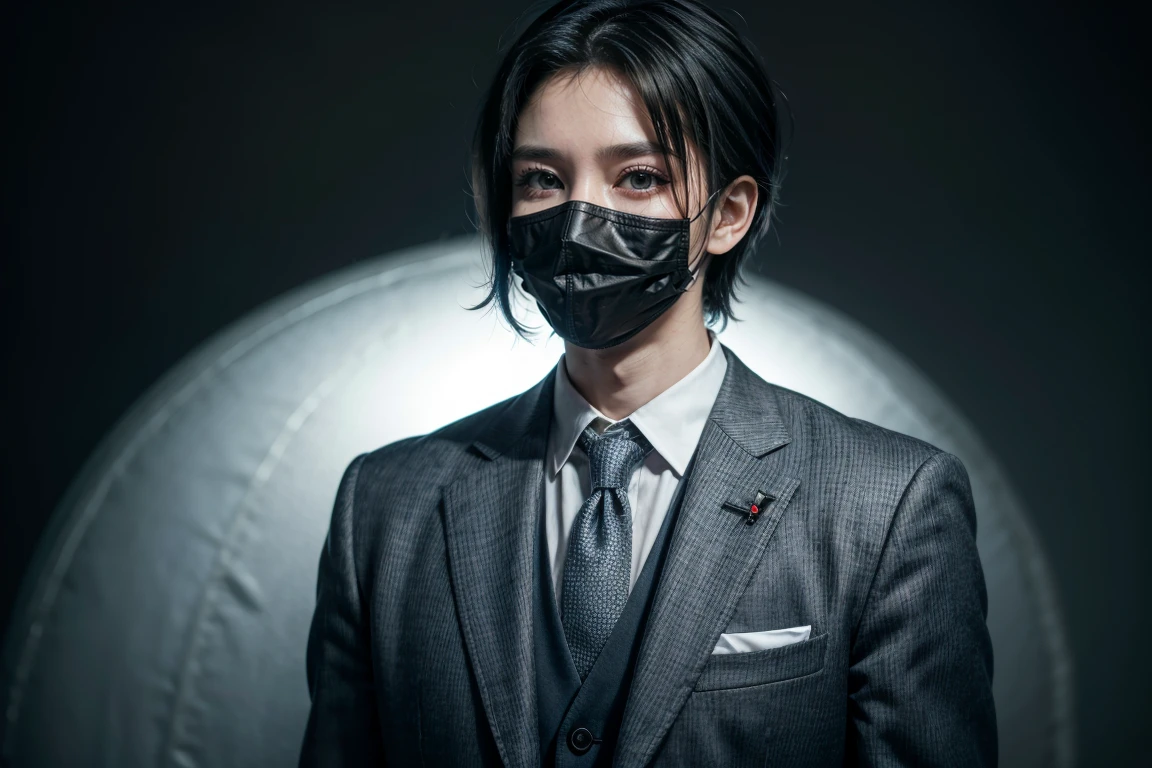 A Japanese man in his 30s, wearing a suit and a suspicious mask. The background is dark and mysterious.