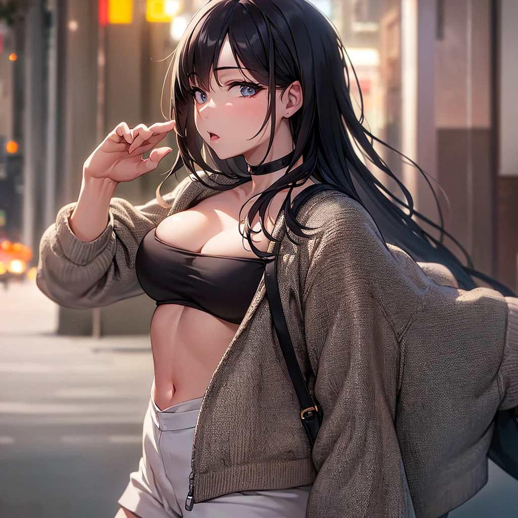 a woman, (realistic), (hyperrealism), (photorealistic), depth of field, eye makeup:0.5, (upper body:1.2), (narrow waist:0.7), looking at the viewer, casual outfit, at the city streets, topless
