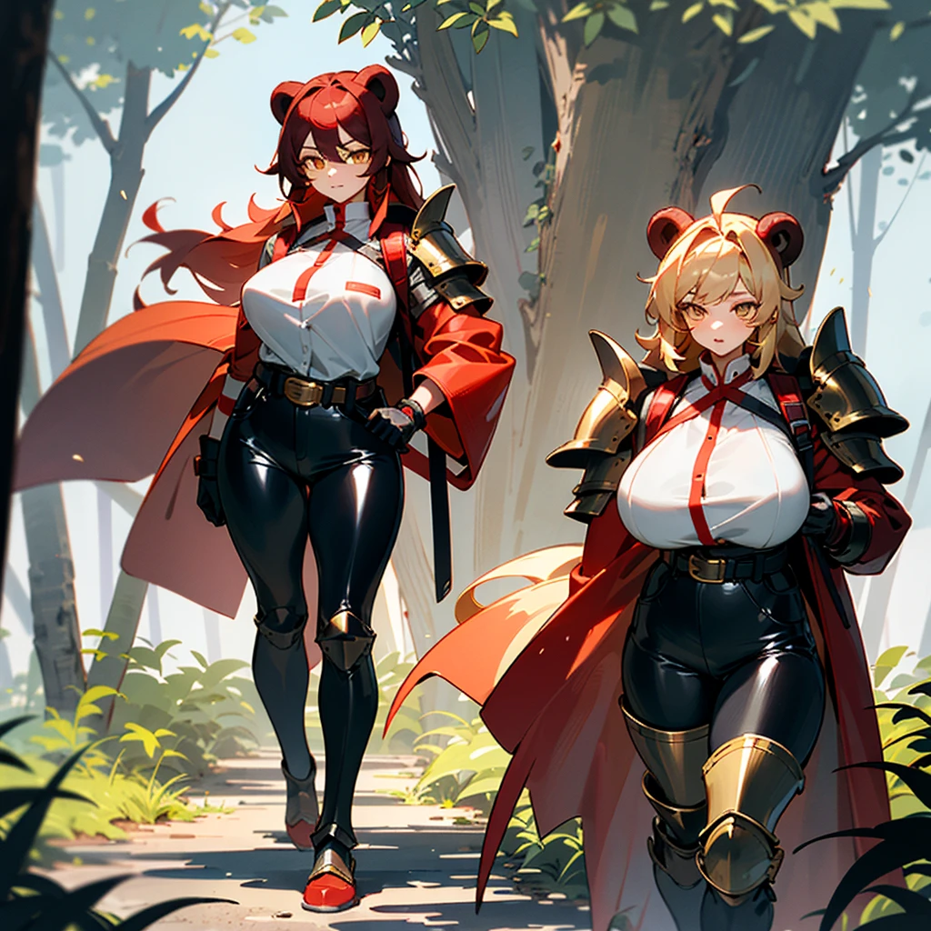 mother and daughter (mother: wide hips, elf pointy ears, muscular girl, full body, standing, revealing armor, curvy, huge breasts, bikini armor, red hair, ponytail hairstyle) (daughter: shortstack, small girl, wide hips, elf pointy ears, full body, standing, revealing armor, gloves, red hair, bob cut hairstyle, bikini armor)