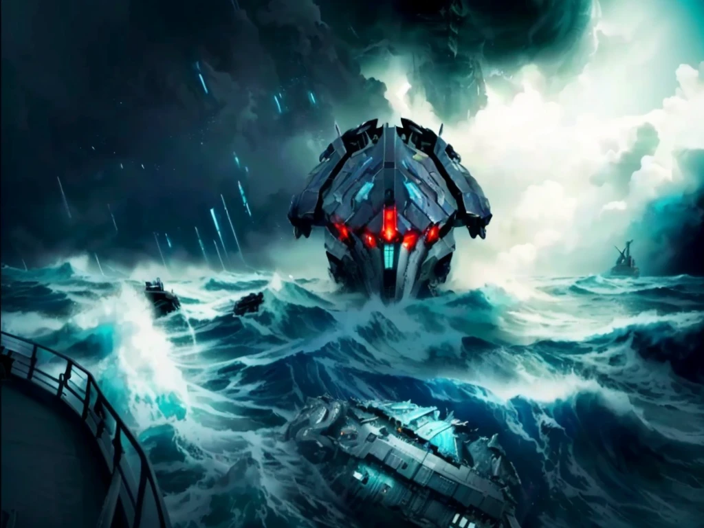 there is a large boat in the middle of a stormy ocean, from pacific rim, a ship lost in a storm, dread scary spaceship, broken ruin pacific rim jaeger, spaceship sank, cherenkov radiation, pacific rim jaeger, fan art, concept artwork, scylla and charybdis, stylised storm, alien ship wreck