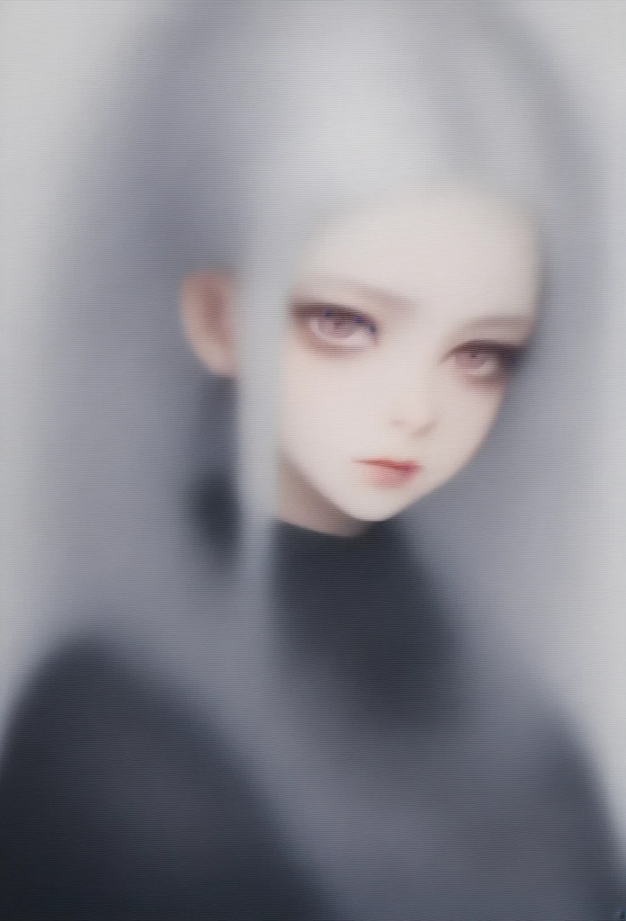 Beautiful young white-haired girl with piercing red eyes, half smile with full lips, black nails, barbed wires everywhere(coiled black barbed wires)