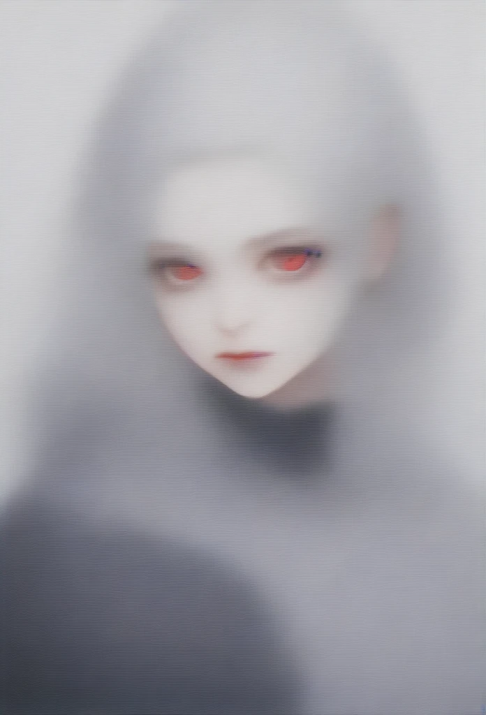 Beautiful young white-haired girl with piercing red eyes, half smile with full lips, black nails, barbed wires everywhere(coiled black barbed wires)
