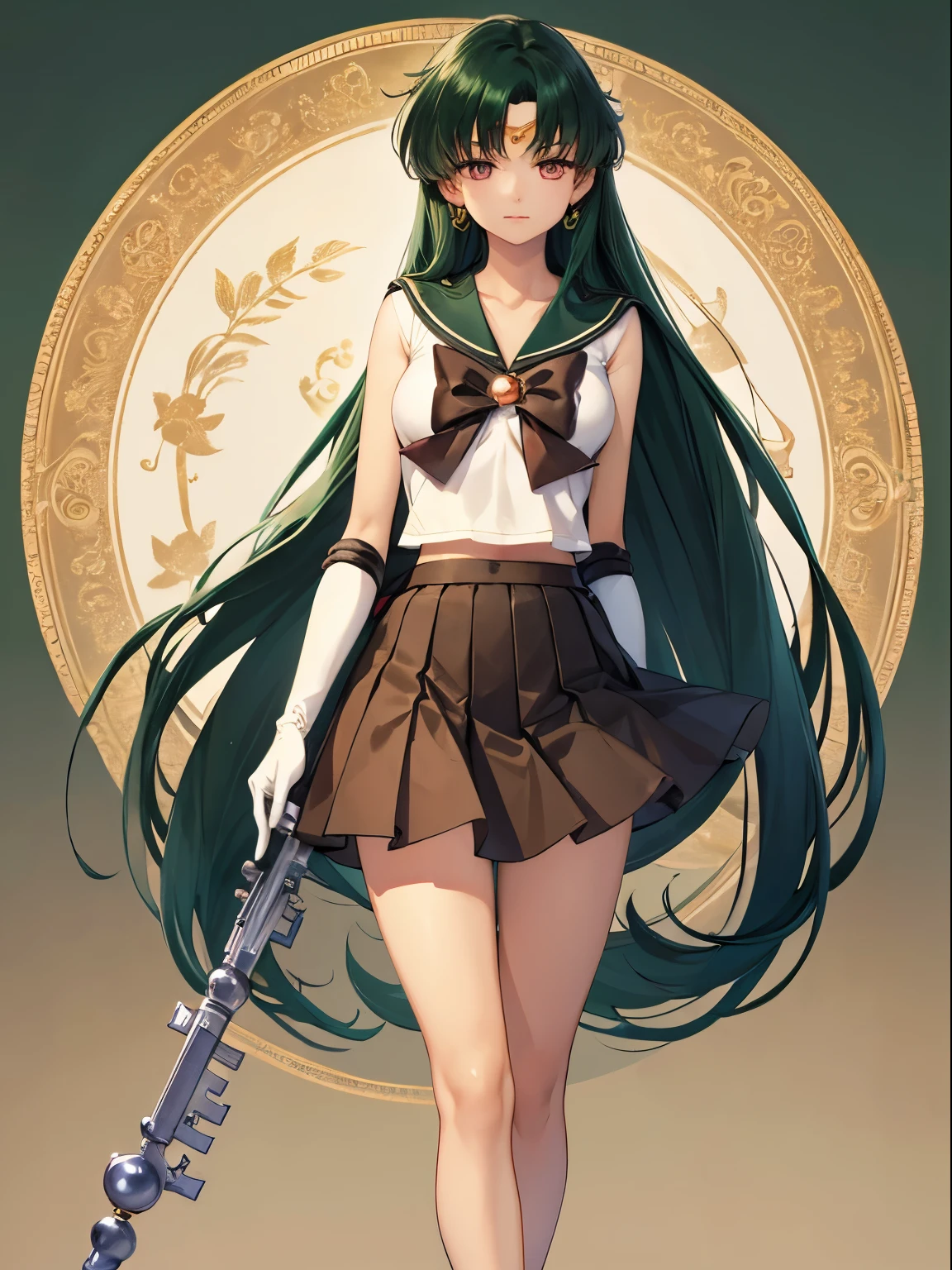 sailor pluto, 1 girl, dark green hair, long hair, brown eyes, detailed eyes, simple background, female focus, alone, Standing, Setsuna Meio, portrait, full body, (Masterpiece:1.0), (best quality:1.0 ), (wallpaper 8k:1.0), (detailed beautiful face:1.0), (detailed deep eyes), deep eyes, looking at viewer, sailor scout, brown bow on chest, brown skirt, white gloves,