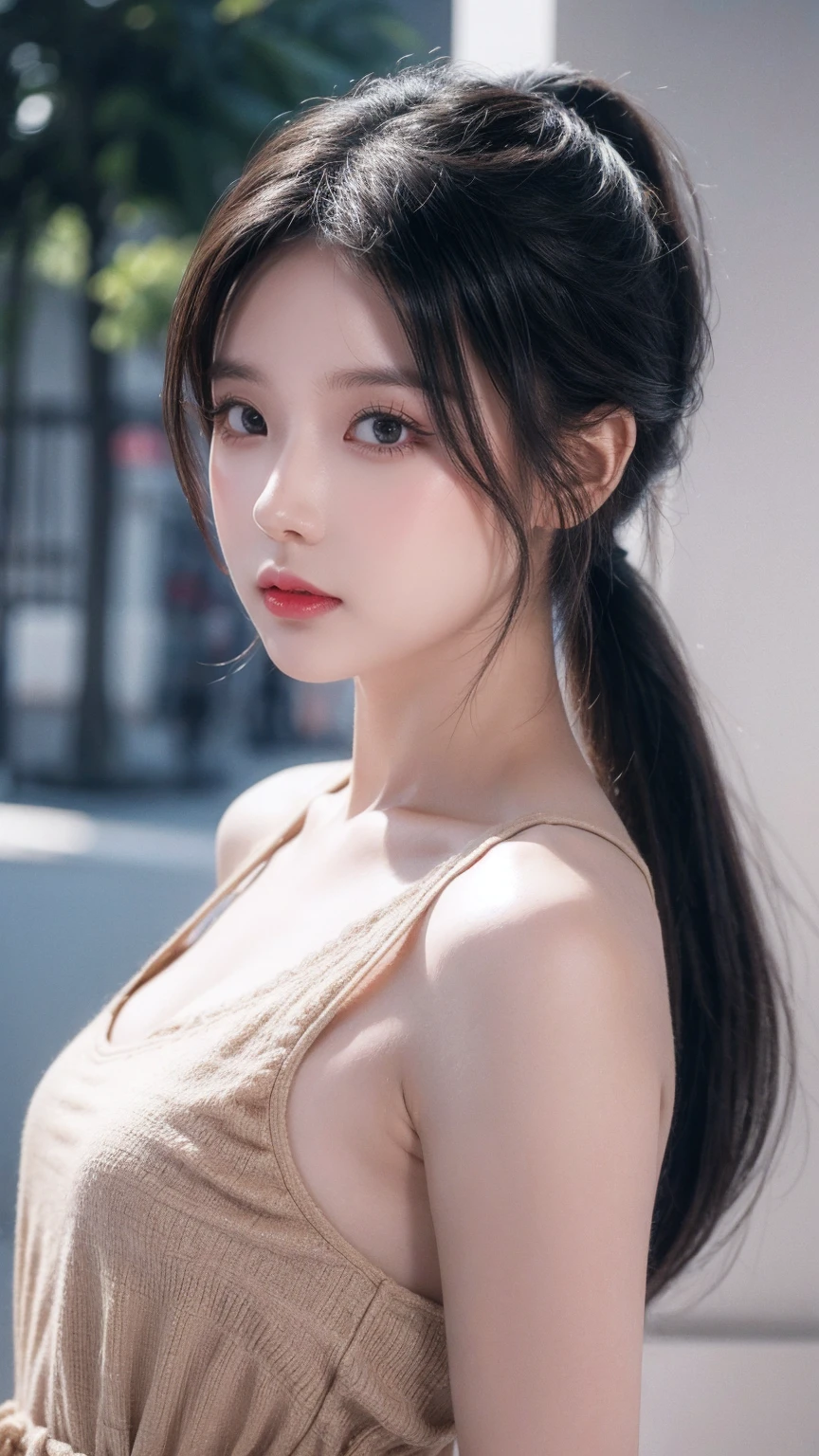 Urban beautiful girl college student, masterpiece, light makeup, red lips, silver hair, messy long hair, street background, beautiful, elegant. super fine details, master works, authentic texture, cinematic lighting realism, perfect job, 16K, hd, exquisite features,blue eyes、japanese idol、Beautiful Face、cute smile、brown hair、beautiful hair、ponytail、glamorous、perfect breasts、erect nipples、Oily muscle、shiny skin、white skin, glowing skin, bright big eyes, smooth skin, super sexy tank top, thin tank top