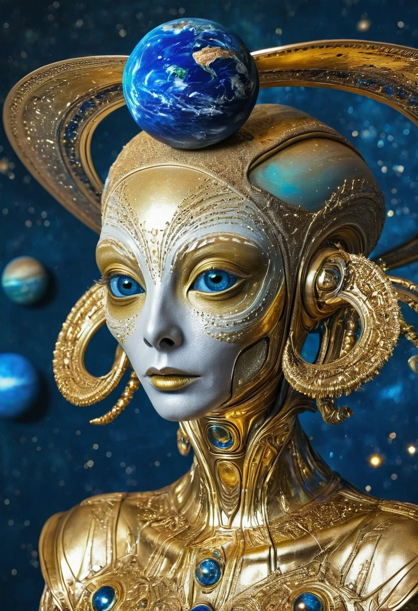 Artistic creativity：1.5，Golden Alien Portrait，Blue Background，Planet Decoration，Artistic Creativity:1.37