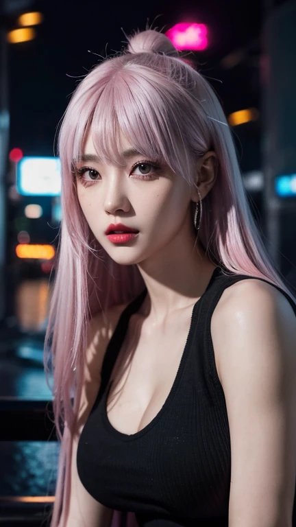 Lucy \(cyberpunk\), 1 girl,  Hair ring, Ji Qie, silver hair, Color Tips, full moon, Gray eyes, sleeveless tops, , cleavage, looking at the audience, Medium long hair, colorful hair, Parted bangs, open lips, Pink hair, portrait, red eyeliner, red lips, alone, white jacket, cyberpunk \(series\), rainy night in a cyberpunk city with glowing neon lights

 