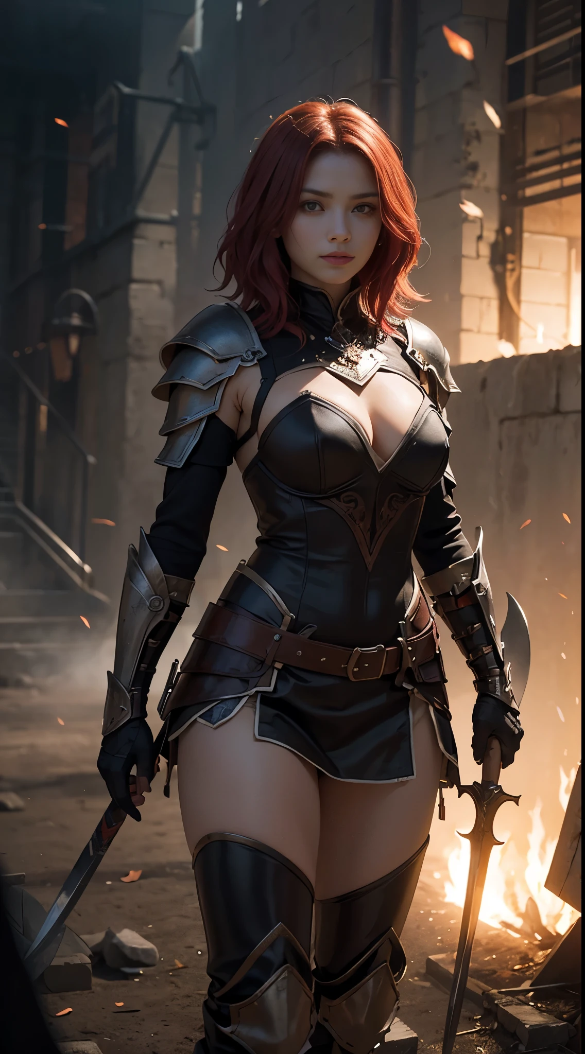 8k, best quality, highres, realistic, real person, A solitary warrior in a suspicious arena setting, without the demon lord. The warrior, lightly armored and with a sly smile, wields a large, ornately decorated axe. They have short red hair. The background is a mysterious and ominous arena, with a sense of danger and suspense. The lighting is dim and dramatic, enhancing the warrior's intense and cunning appearance.