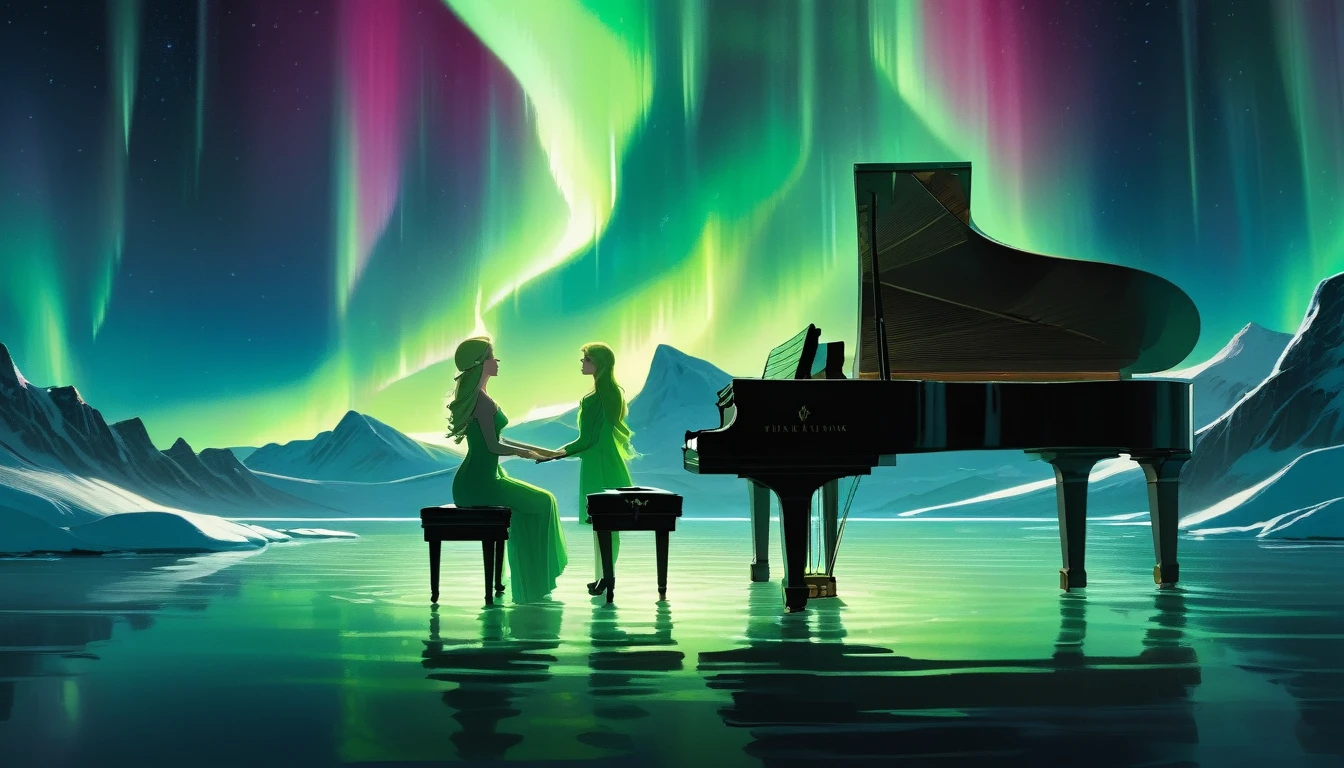 A mysterious and enchanting scene with one piano placed on the water under a sky full of aurora borealis. ((A beautiful woman is standing in front of the piano.)) The water surface reflects the view of the Northern Lights and is surrounded by silence. The piano is lit up and looks even more divine.