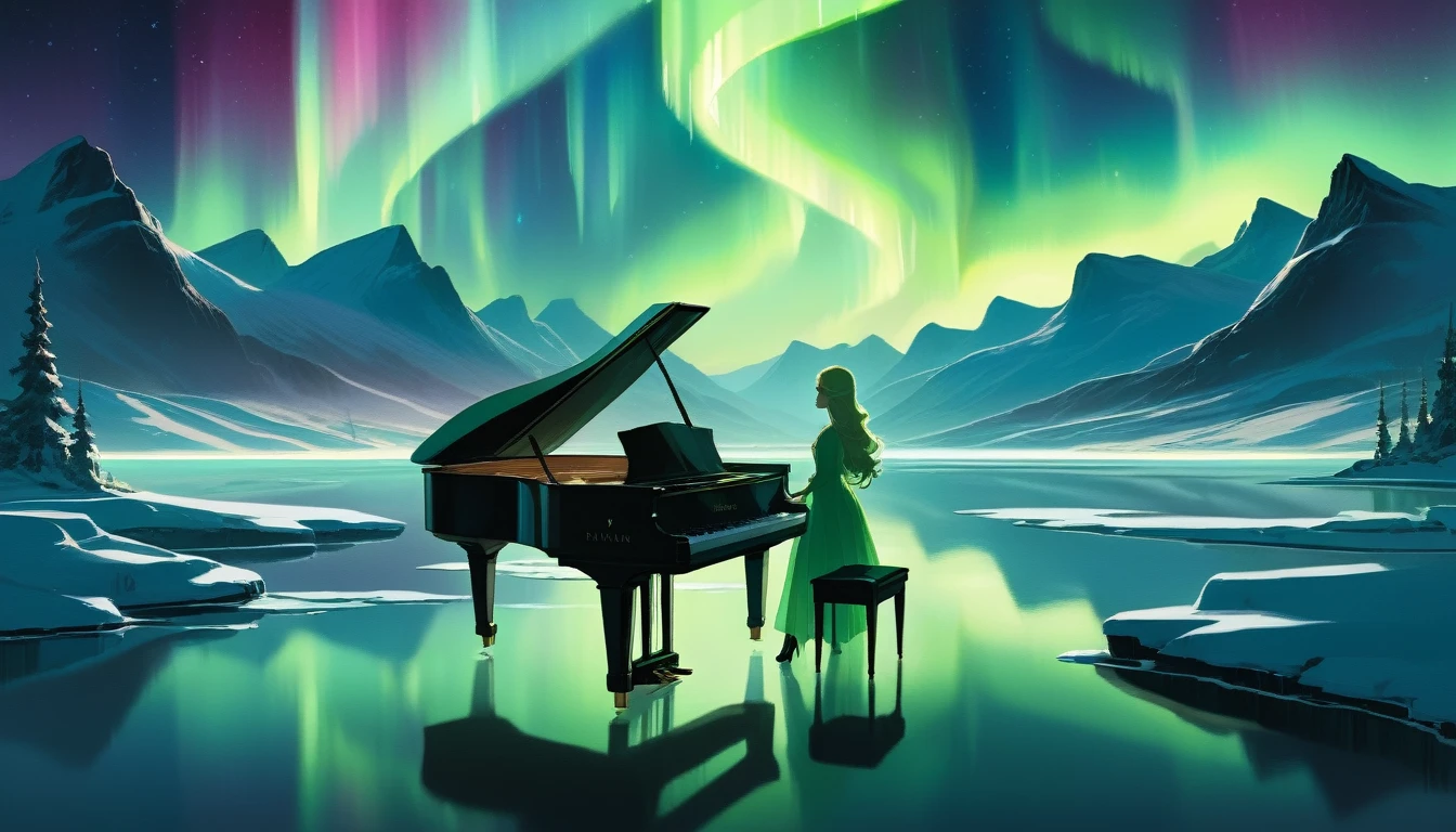 A mysterious and enchanting scene with one piano placed on the water under a sky full of aurora borealis. ((A beautiful woman is standing in front of the piano.)) The water surface reflects the view of the Northern Lights and is surrounded by silence. The piano is lit up and looks even more divine.