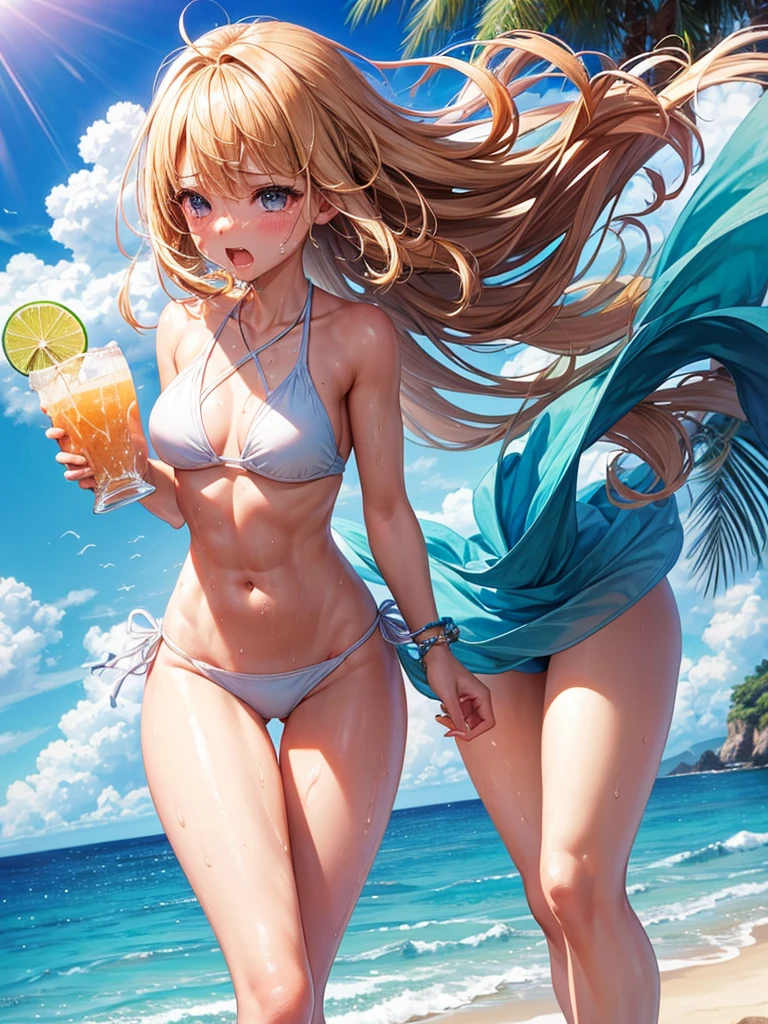 Highest quality,Highest Resolution,Ocean,Sandy Beach,Beach,A beautiful girl in a swimsuit with a crying face,sunny,Open your mouth wide and drool,Tears,Sweat profusely,Abdominal muscles,Muscular,(((Drink a drink))),High leg,