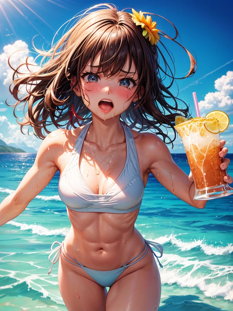 Highest quality,Highest Resolution,Ocean,Sandy Beach,Beach,A beautiful girl in a swimsuit with a crying face,sunny,Open your mouth wide and drool,Tears,Sweat profusely,Abdominal muscles,Muscular,(((Drink a drink))),High leg,