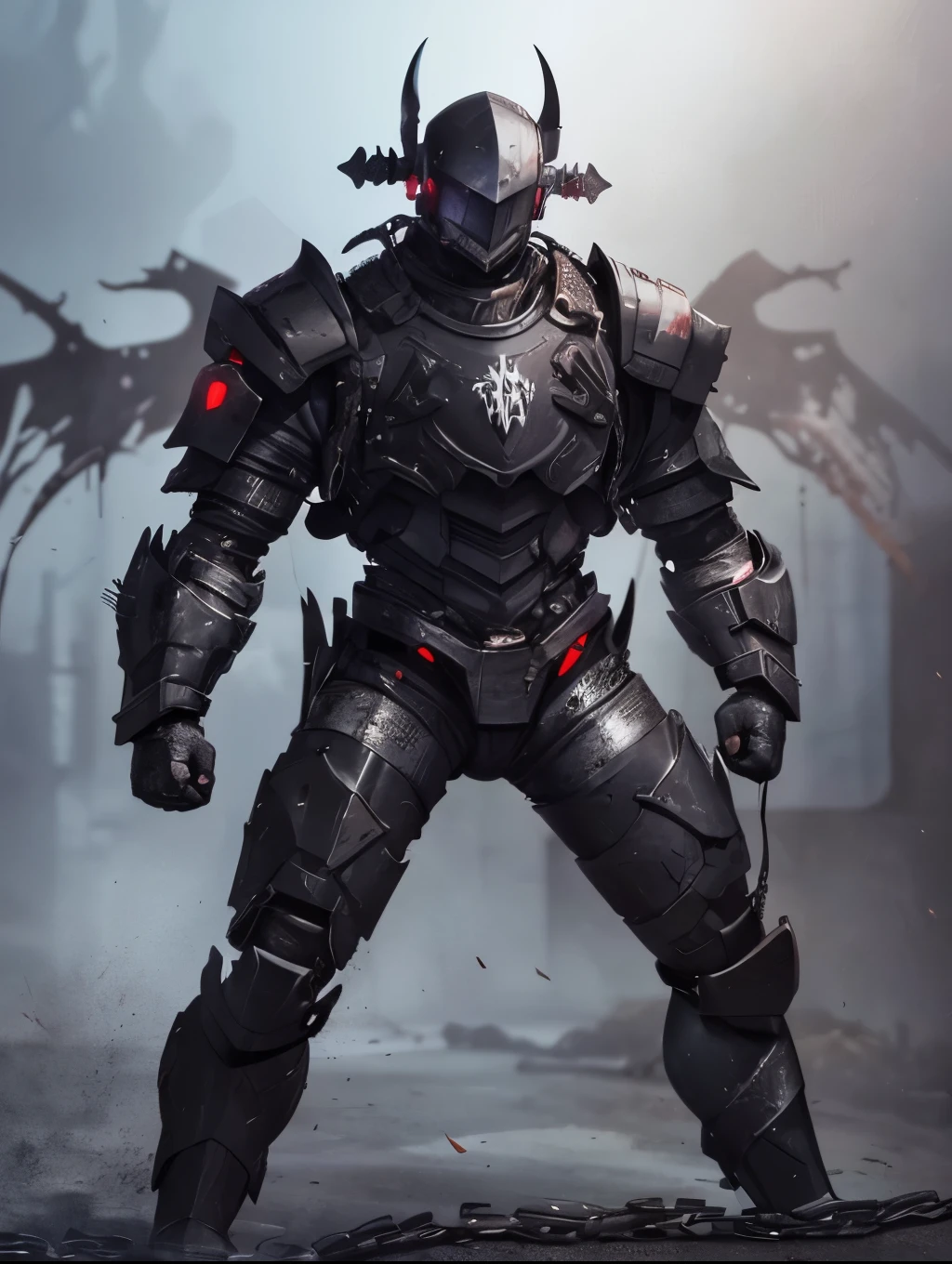 A handsome man, demon, alot of blood going around the place, Chain with darkness, Black smoke covered the ruined broken down place, black cyborg full body armour, small drone flying around the armour, deadly fist glove armour weapon.