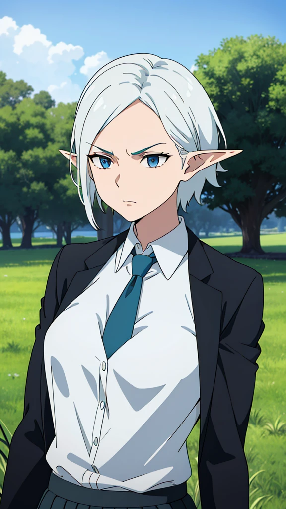 1girl ,solo,20s,mature female,serious face,short hair,elf ears,(grass),shirt,black standard tie,blue blazer,long sleeves, black pleated skirt,(upper body),frosty white Skin , Icy white hair ,Glacial blue eyes,((spiked hair))