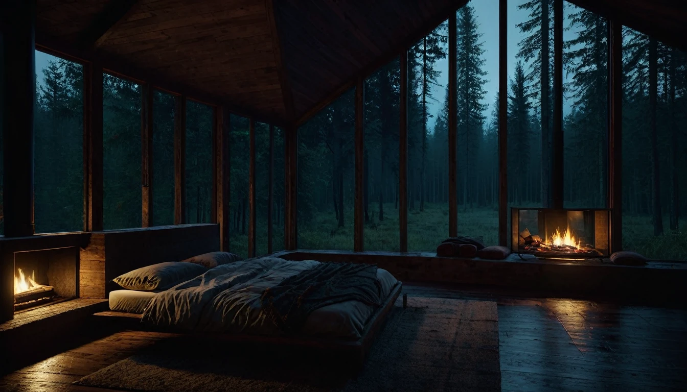 dimly lit bedroom with fireplace and wood burning bed, large windows to the forest at night, beautiful and cinematic lighting, cozy place, cryengine render 8 k, cabin in the forest, minimalist pyramid room shape, pyramid glass, very forest background dark, lots of column windows, dark, pillows and blankets, large windows, minimalist windows, lots of boxes, minimalist windows facing the forest, quiet night. the picture is original, rainy night. original rendering, stunning, rainy night, gloomy, dark gloomy cinematic lighting, atmosphere, landscape, vast forest, moody, dramatic lighting. cinematic, cinematic, atmospheric shots, gloomy weather. hyperrealistic, atmospheric rendering, rainy night, huge gloomy forest, cinematic,