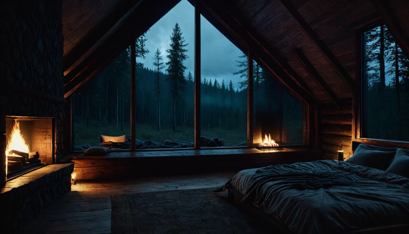 dimly lit bedroom with fireplace and wood burning bed, large windows to the forest at night, beautiful and cinematic lighting, cozy place, cryengine render 8 k, cabin in the forest, minimalist pyramid room shape, pyramid glass, very forest background dark, lots of column windows, dark, pillows and blankets, large windows, minimalist windows, lots of boxes, minimalist windows facing the forest, quiet night. the picture is original, rainy night. original rendering, stunning, rainy night, gloomy, dark gloomy cinematic lighting, atmosphere, landscape, vast forest, moody, dramatic lighting. cinematic, cinematic, atmospheric shots, gloomy weather. hyperrealistic, atmospheric rendering, rainy night, huge gloomy forest, cinematic,