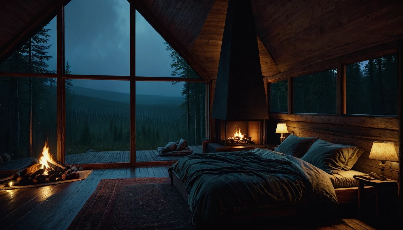 dimly lit bedroom with fireplace and wood burning bed, large windows to the forest at night, beautiful and cinematic lighting, cozy place, cryengine render 8 k, cabin in the forest, minimalist pyramid room shape, pyramid glass, very forest background dark, lots of column windows, dark, pillows and blankets, large windows, minimalist windows, lots of boxes, minimalist windows facing the forest, quiet night. the picture is original, rainy night. original rendering, stunning, rainy night, gloomy, dark gloomy cinematic lighting, atmosphere, landscape, vast forest, moody, dramatic lighting. cinematic, cinematic, atmospheric shots, gloomy weather. hyperrealistic, atmospheric rendering, rainy night, huge gloomy forest, cinematic,