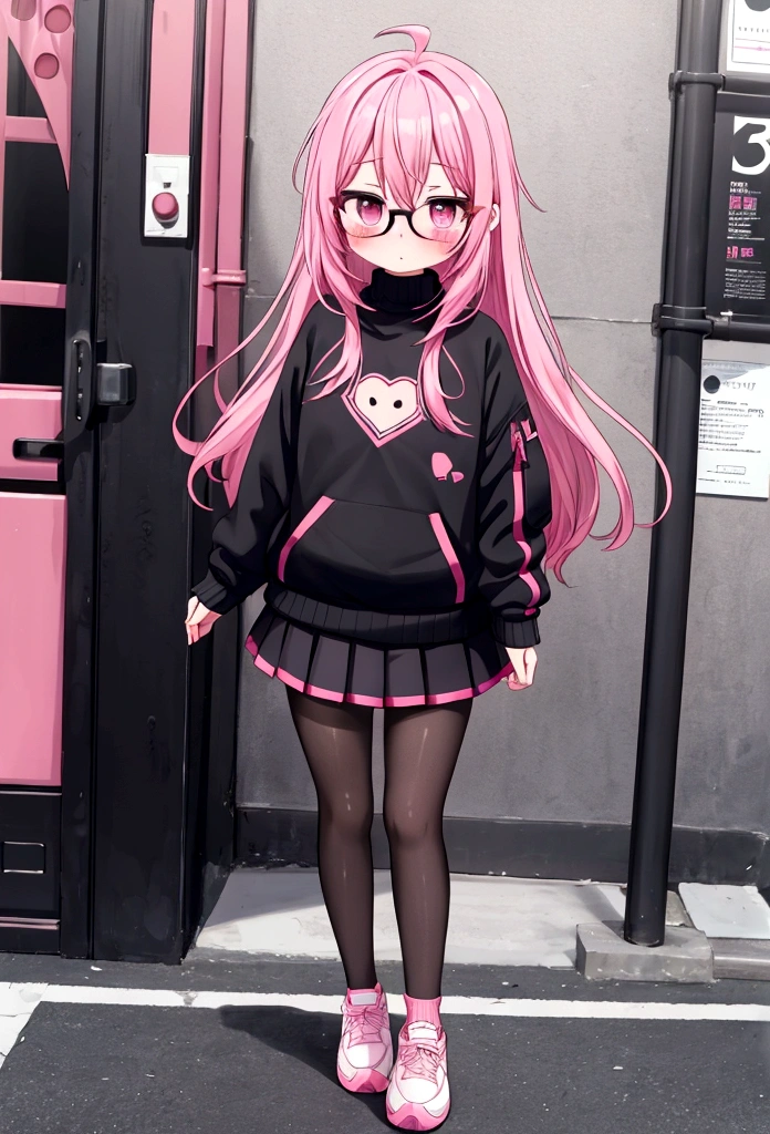 pink hair black glasses pink eyes extremely blushing a big pink sweater short black skirt black tights white tennis shoes that is a reserved girl that has a 5  girl 