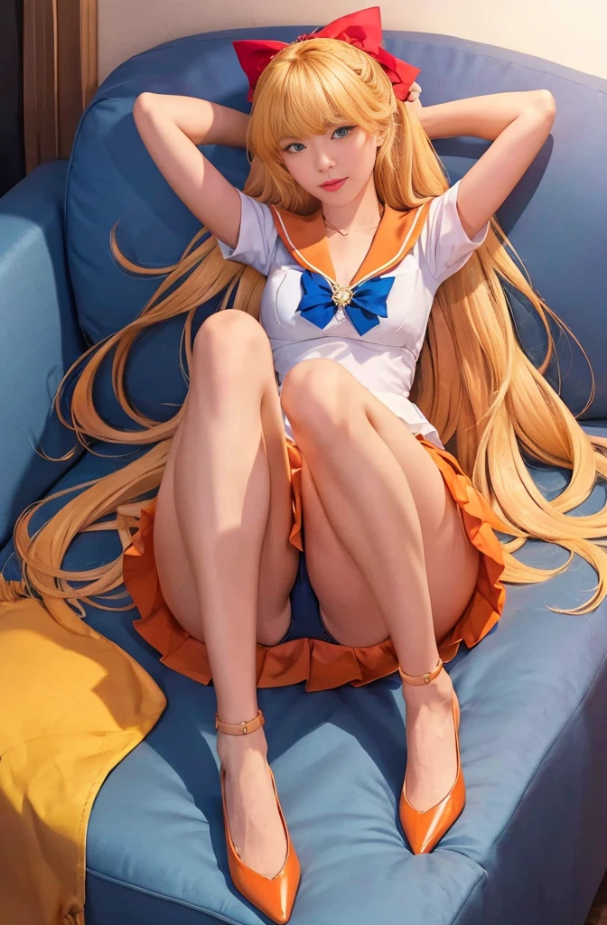 masterpiece, best quality, high resolution, Venus 1, 1 girl, Solitary, Sailor Soldiers, Sailor Venus, Minako Aino, Blonde, Magical girl, blue eyes, orangeskirt, Headdress, Pleated Skirt, bow, Orange sailor collar, mini skirt, necklace, red bow, orange necklace, Extra long hair, Jewelry, earrings, Lying on the sofa,, Put your hands behind your head, Camel toe, Orange lace, Orange high heels, Long legs