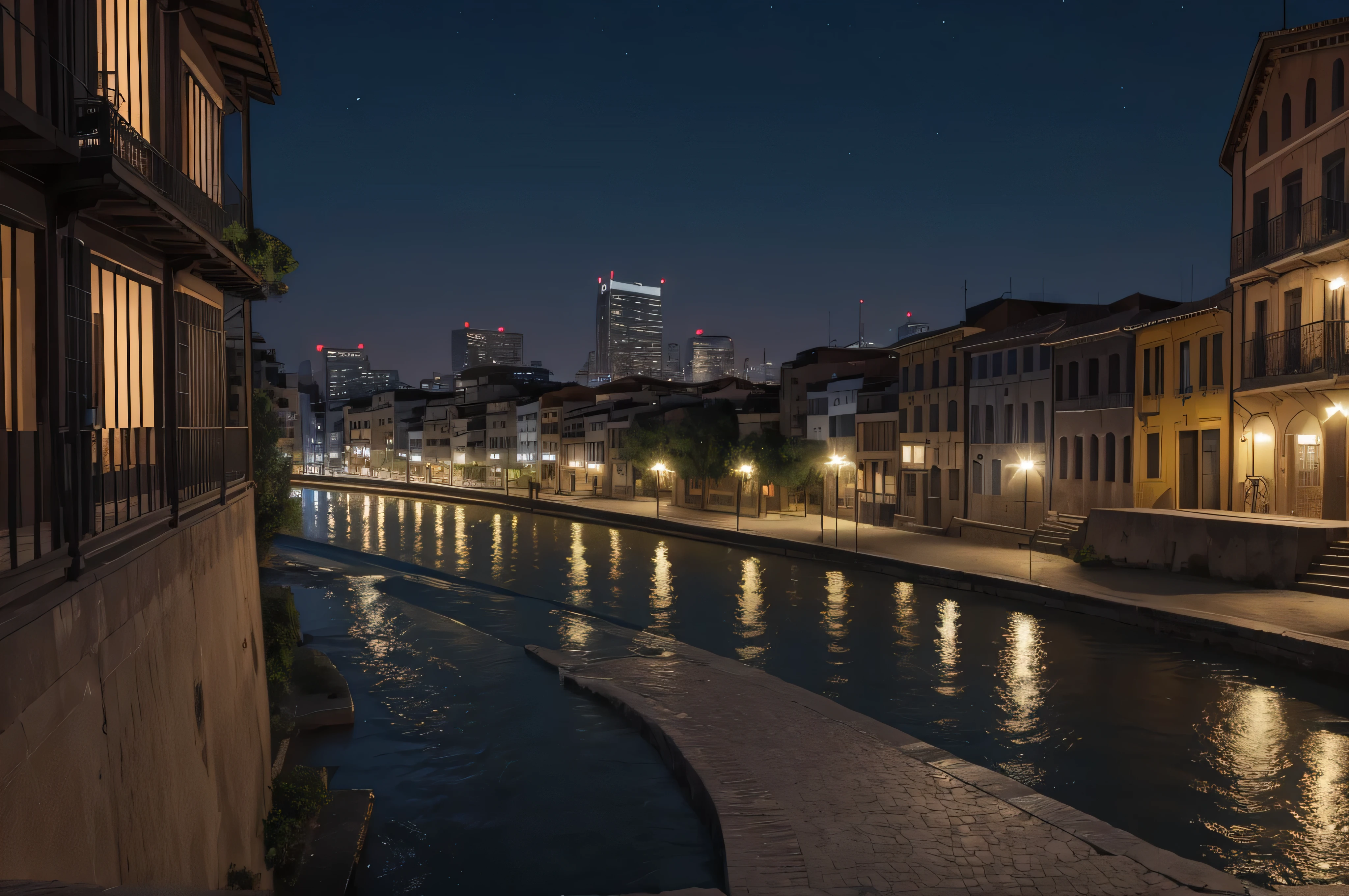 The city is crossed by a wide and winding river, the Rio Sombra, which divides the city into two parts: the historic side, with its colonial buildings and cobblestone streets, and the modern side, with skyscrapers, shopping centers and neighborhoods. contemporary residential. (up view, digital art, dark comics, night time, RPG art)