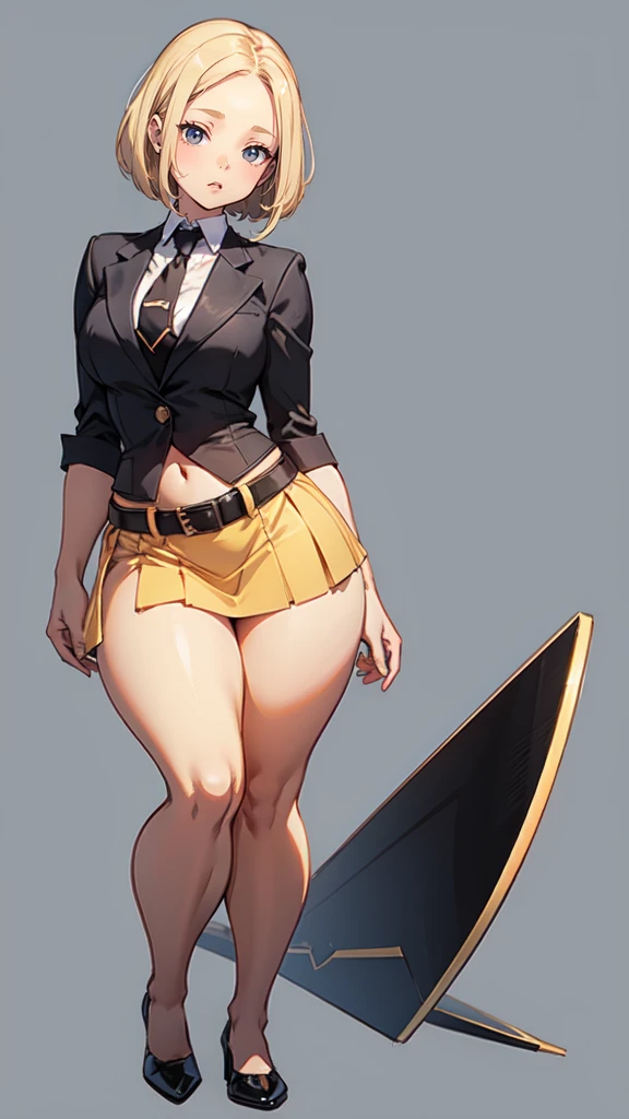 blank background, (((full body))), (masterpiece), ((best quality)), (flat chest), tiny breast, straight hair (curvy:1.7), (very short skirt), shoes, belt below navel, blonde,  (black suit and tie)