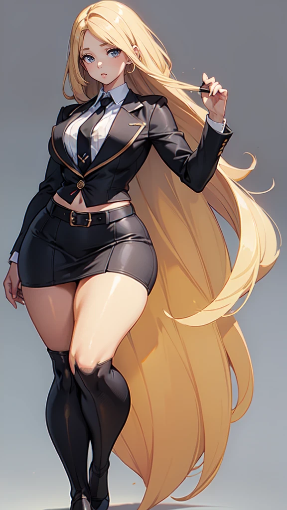 blank background, (((full body))), (masterpiece), ((best quality)), (flat chest), tiny breast, straight hair (curvy:1.7), (very short skirt), shoes, belt below navel, blonde,  (black suit and tie)