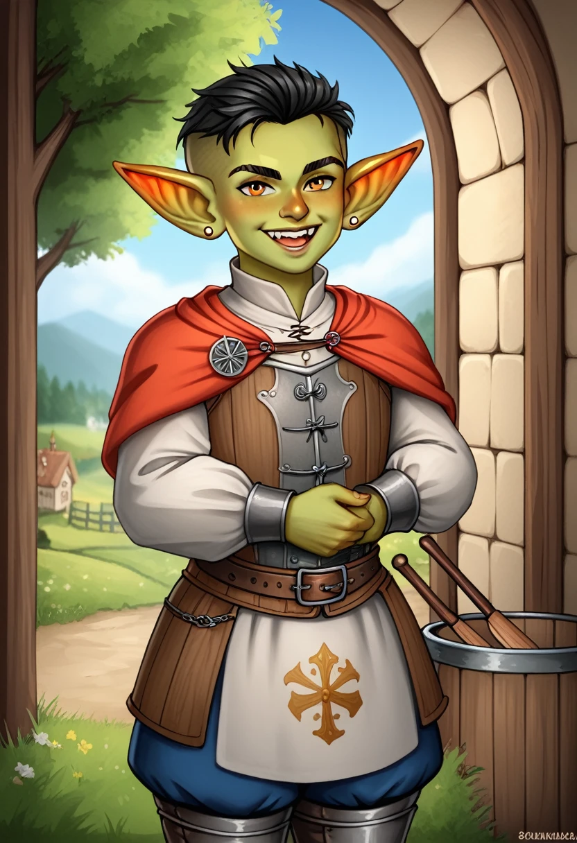 A charming male goblin with green skin and a huge smile. Medieval, cartoon, comical