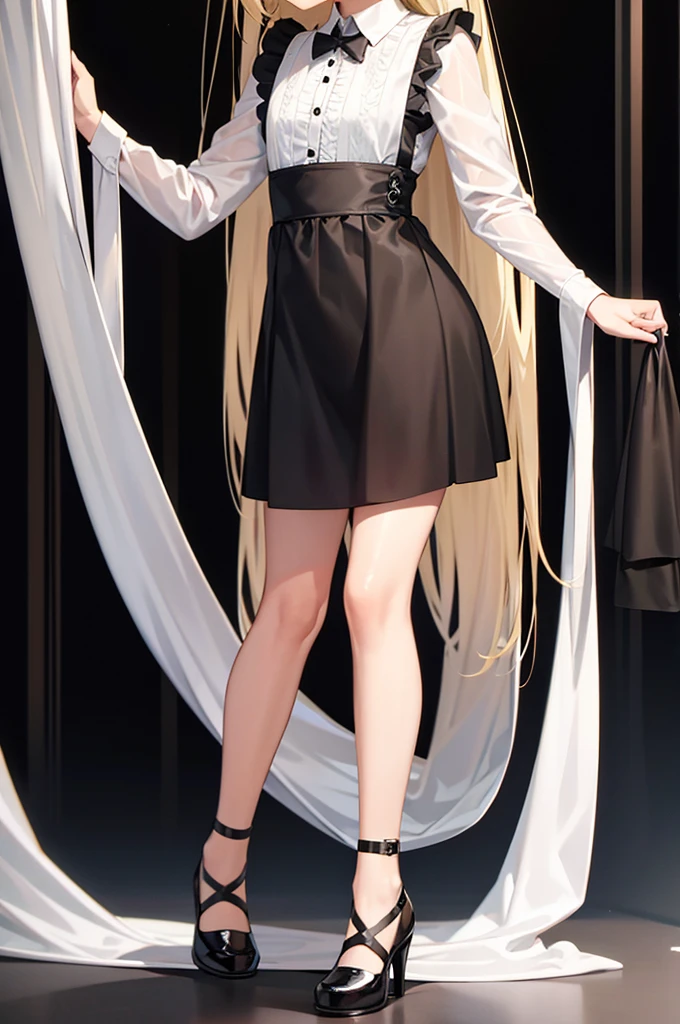 (Maid),Black shoes,Cute little ,Tiny ,Small girl,,Childish face, Very fine clean face,Top quality, Big eyes,Straight Hair,Yellow hair,Crimson Eye,(Dark Room), Subtle light, Natural light,Soft lighting,Light from directly behind, (Are standing),Black background