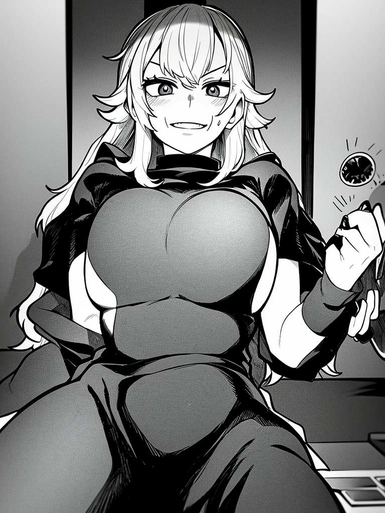 Scary girl in highschool dress, looking at me with evil smile, manga style, black and white, room in background