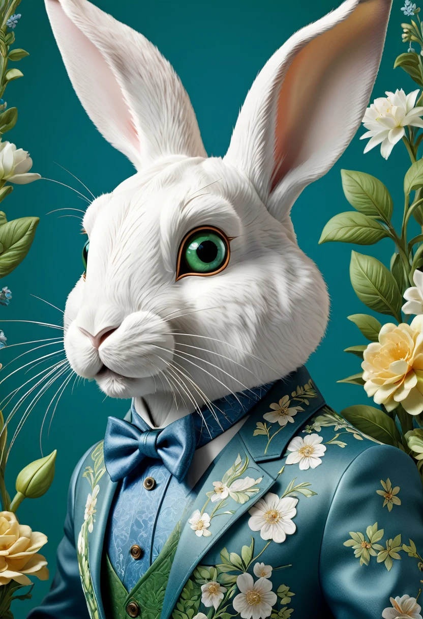 Mechanical Rabbit，lifelike，Anthropomorphic rabbit，Character setting，Ultra-detailed graphics，Delicate face，8K，magazine cover，Floral background decoration，Strong color contrast，Darker color，Blue, green and white